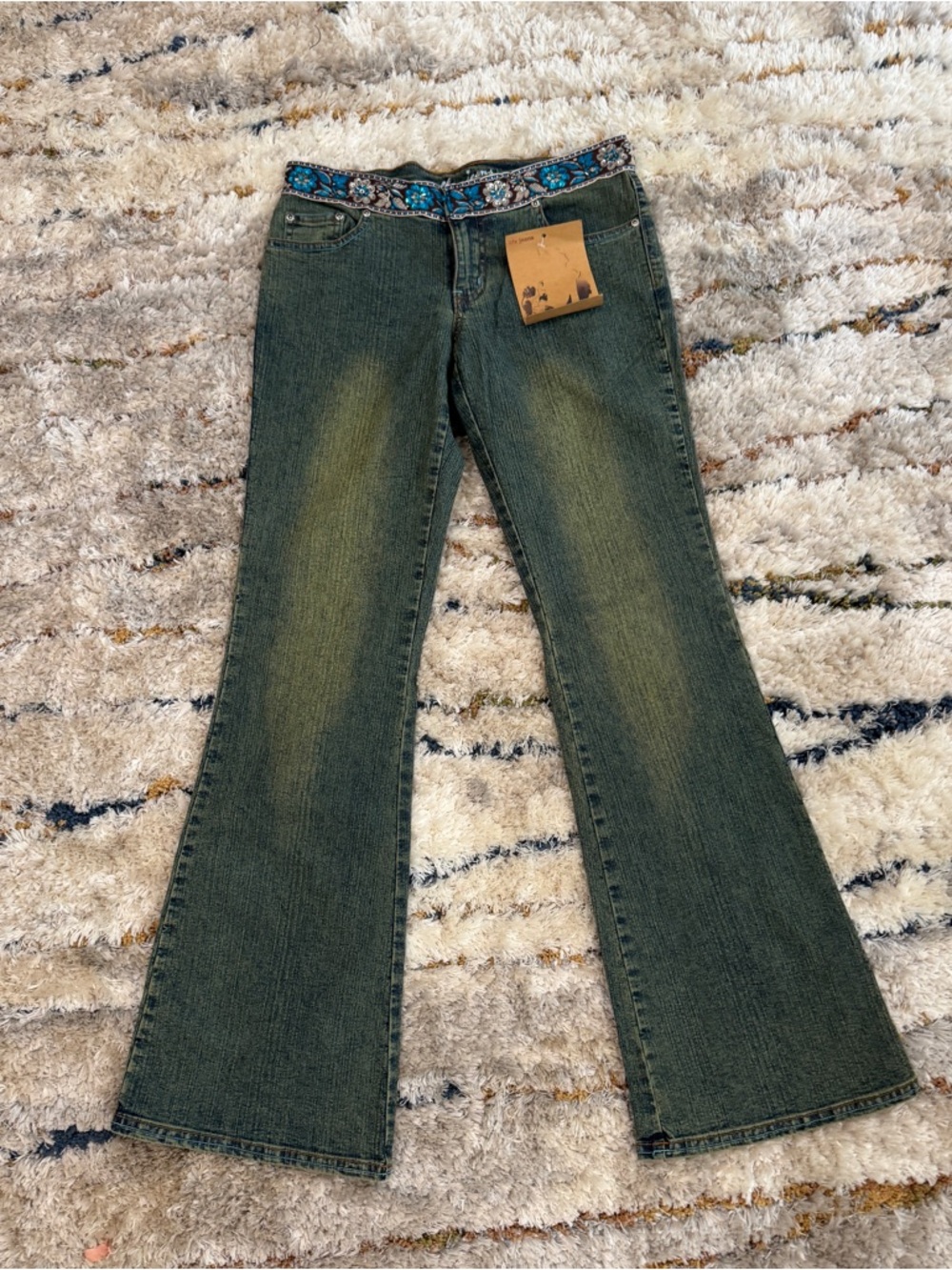 Vintage Y2K DFX jeans embroidered beaded sequin waistband, sz 7, NWT